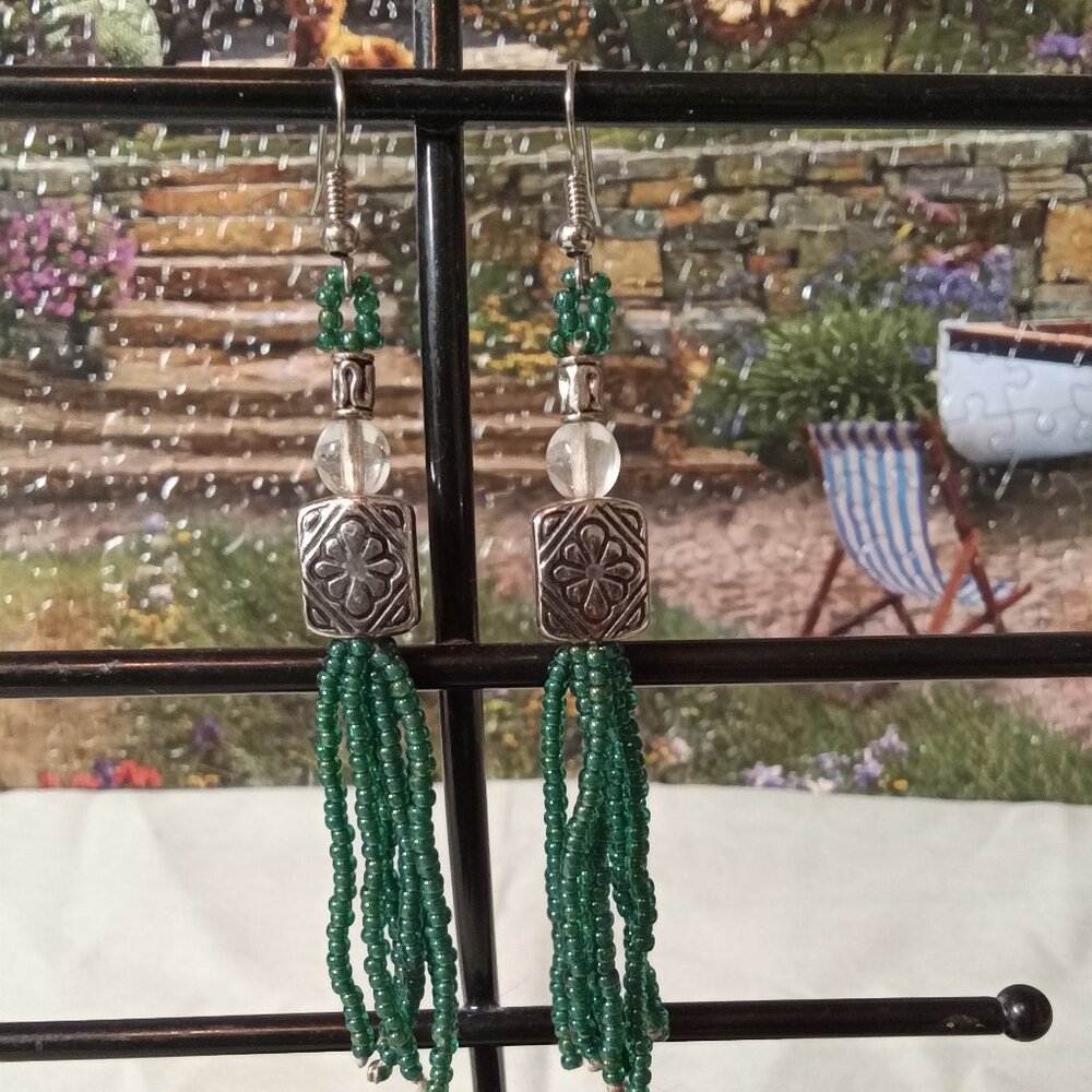Hand Crafted  Green n Silver Beaded Earrings